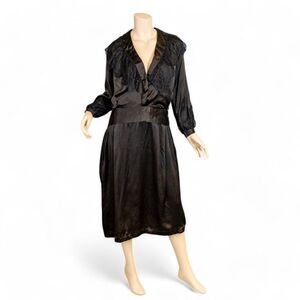 1930s Black Silk Dress with Lace Accents * Large